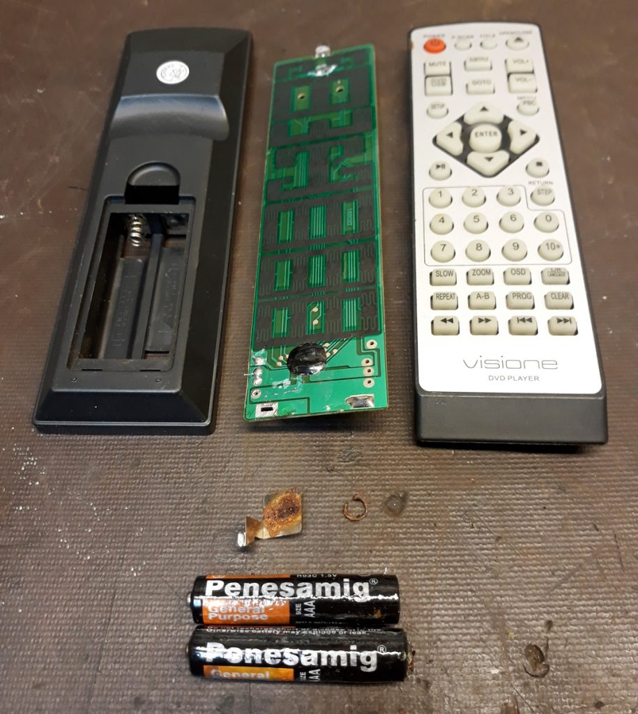 dismantled remote control with leaked batteries and rusted contacts.